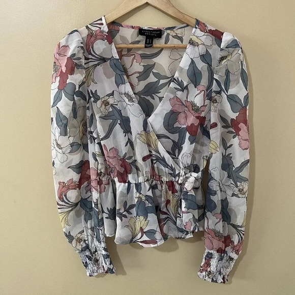 Streetwear Society| Pretty Sheer Floral Puff Long Sleeve Crop Blouse Top Sz S - Picture 1 of 8